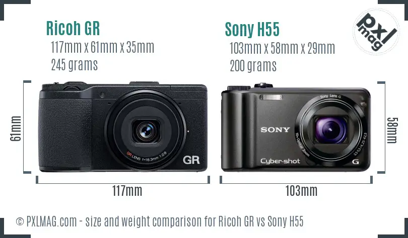 Ricoh GR vs Sony H55 size comparison