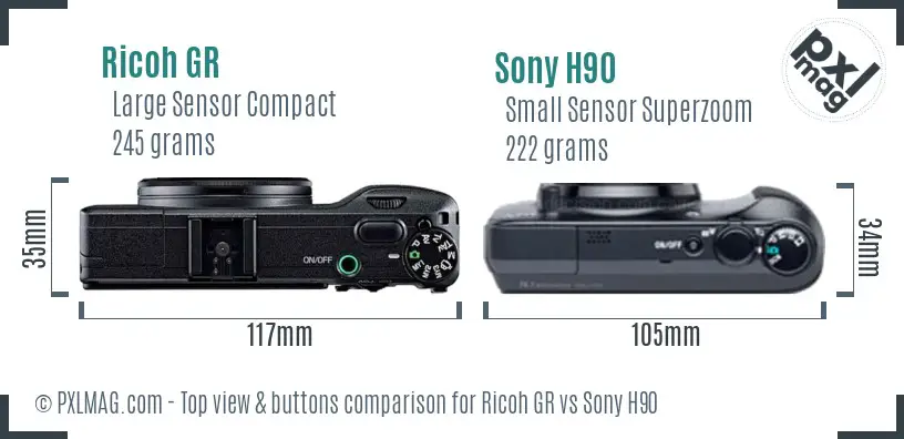 Ricoh GR vs Sony H90 top view buttons comparison Ricoh GR vs Sony H90 top view buttons comparison