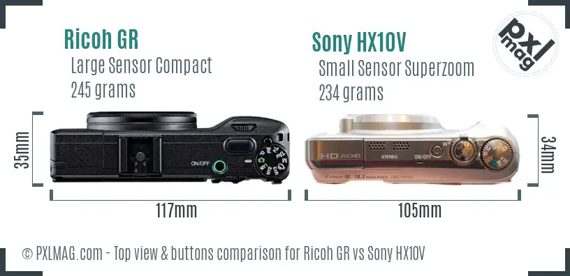Ricoh GR vs Sony HX10V top view buttons comparison Ricoh GR vs Sony HX10V top view buttons comparison