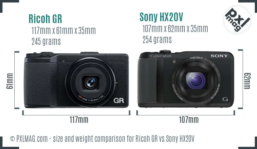 Ricoh GR vs Sony HX20V size comparison