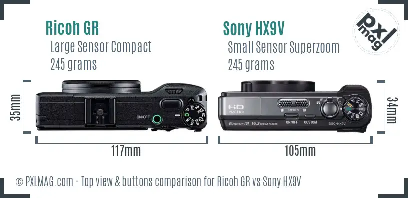 Ricoh GR vs Sony HX9V top view buttons comparison