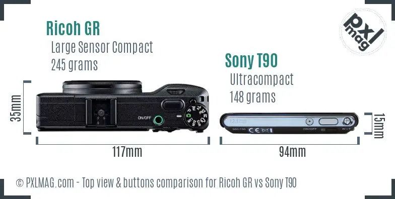 Ricoh GR vs Sony T90 top view buttons comparison