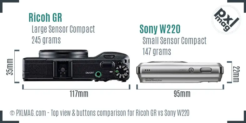 Ricoh GR vs Sony W220 top view buttons comparison