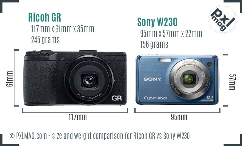 Ricoh GR vs Sony W230 size comparison
