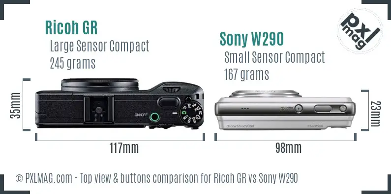 Ricoh GR vs Sony W290 top view buttons comparison