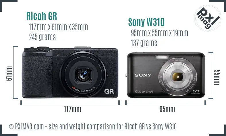 Ricoh GR vs Sony W310 size comparison