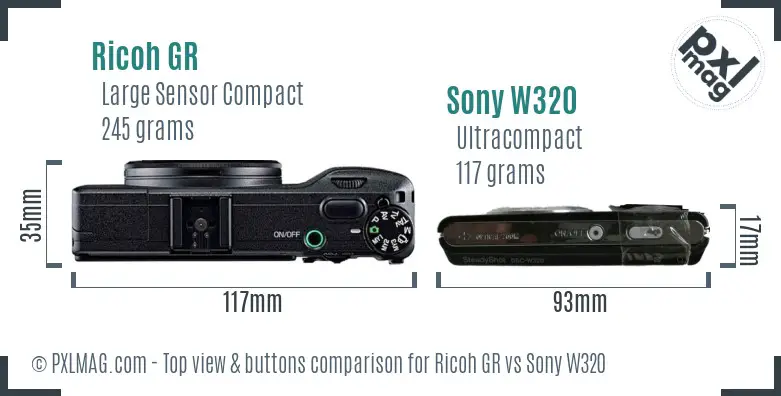 Ricoh GR vs Sony W320 top view buttons comparison