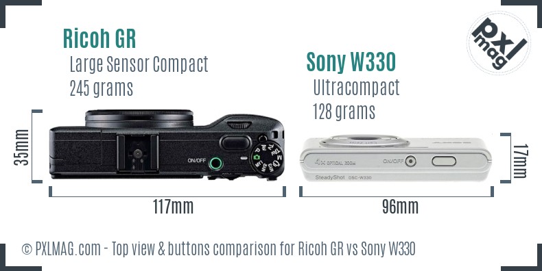 Ricoh GR vs Sony W330 top view buttons comparison