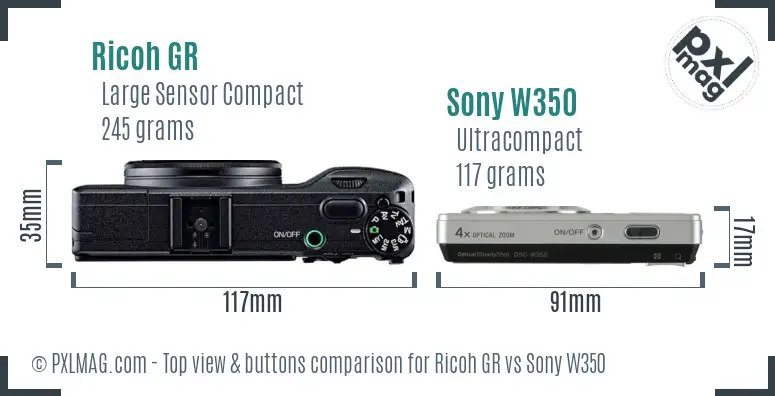 Ricoh GR vs Sony W350 top view buttons comparison