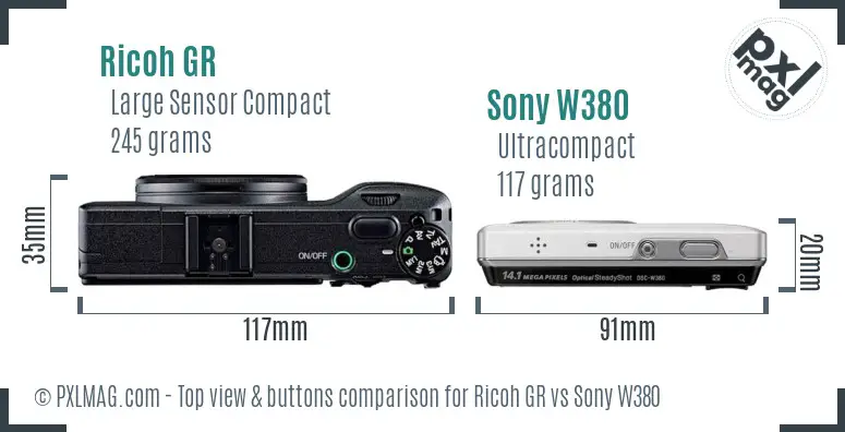 Ricoh GR vs Sony W380 top view buttons comparison
