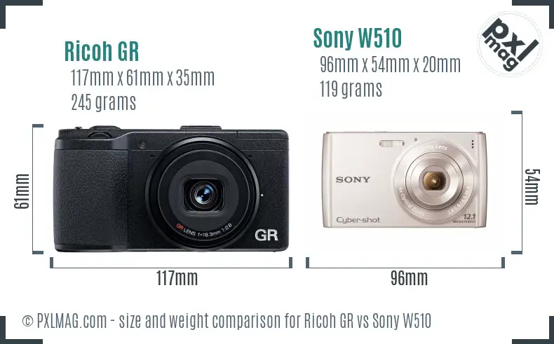 Ricoh GR vs Sony W510 size comparison