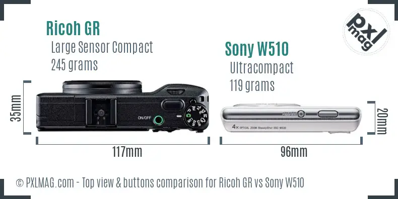 Ricoh GR vs Sony W510 top view buttons comparison