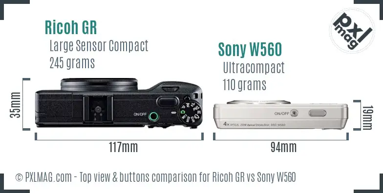 Ricoh GR vs Sony W560 top view buttons comparison
