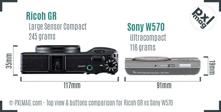 Ricoh GR vs Sony W570 top view buttons comparison