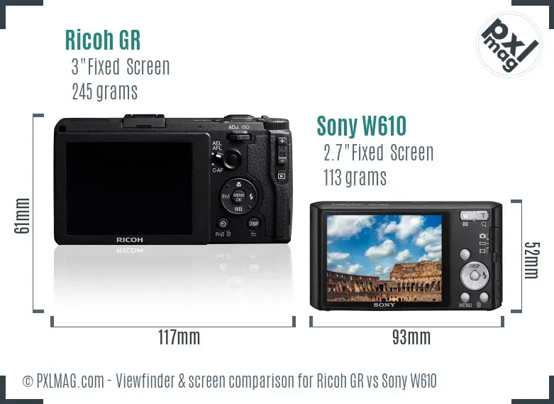Ricoh GR vs Sony W610 Screen and Viewfinder comparison