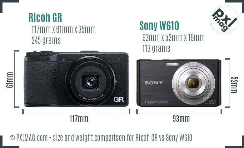 Ricoh GR vs Sony W610 size comparison