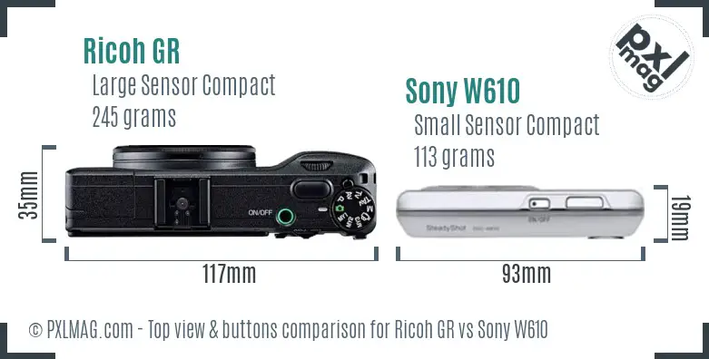 Ricoh GR vs Sony W610 top view buttons comparison