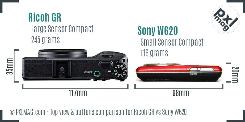 Ricoh GR vs Sony W620 top view buttons comparison