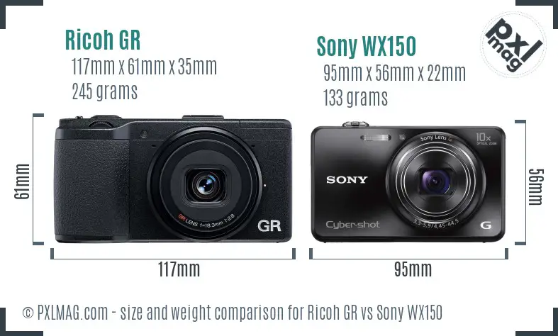 Ricoh GR vs Sony WX150 size comparison