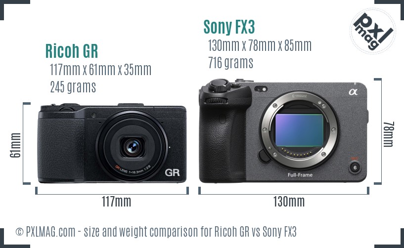 Ricoh GR vs Sony FX3 size comparison