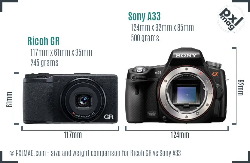 Ricoh GR vs Sony A33 size comparison