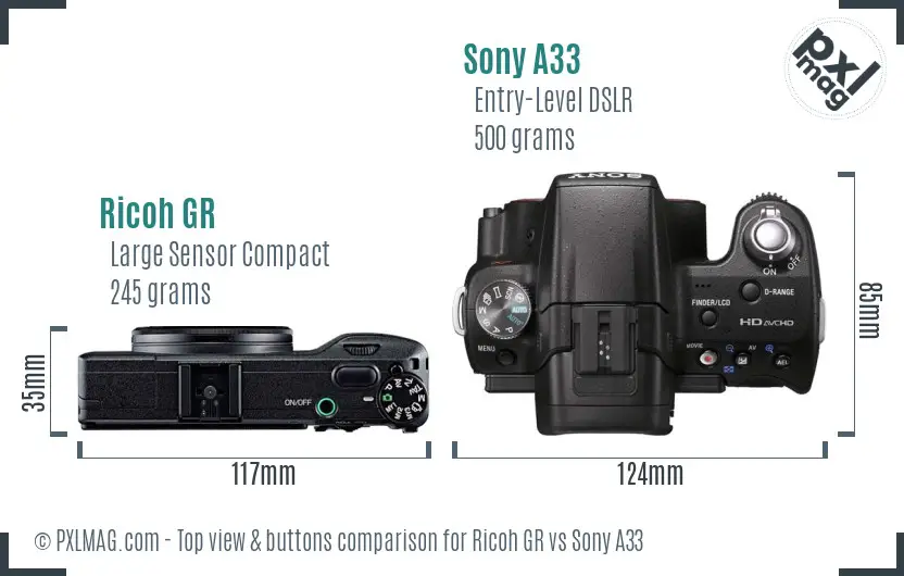 Ricoh GR vs Sony A33 top view buttons comparison