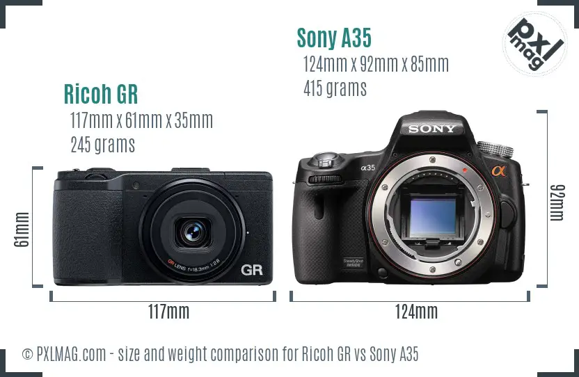 Ricoh GR vs Sony A35 size comparison