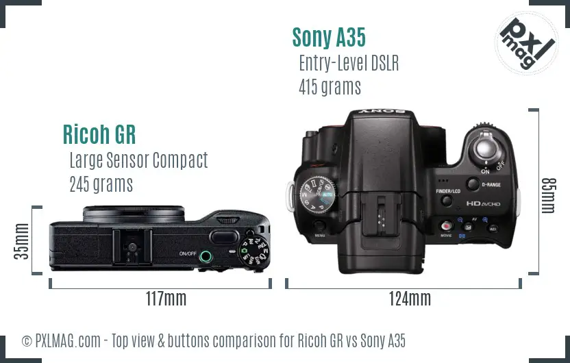 Ricoh GR vs Sony A35 top view buttons comparison
