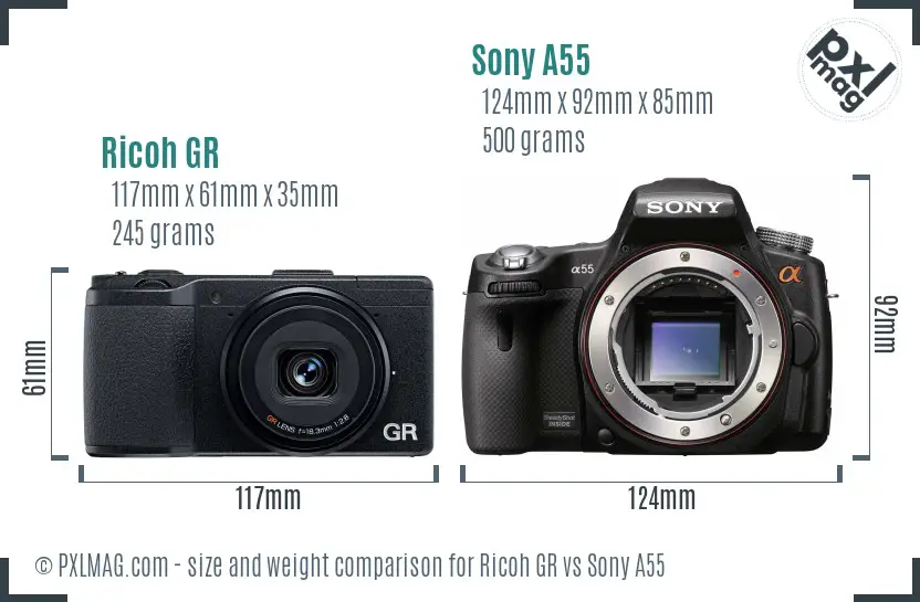 Ricoh GR vs Sony A55 size comparison