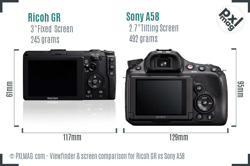 Ricoh GR vs Sony A58 Screen and Viewfinder comparison