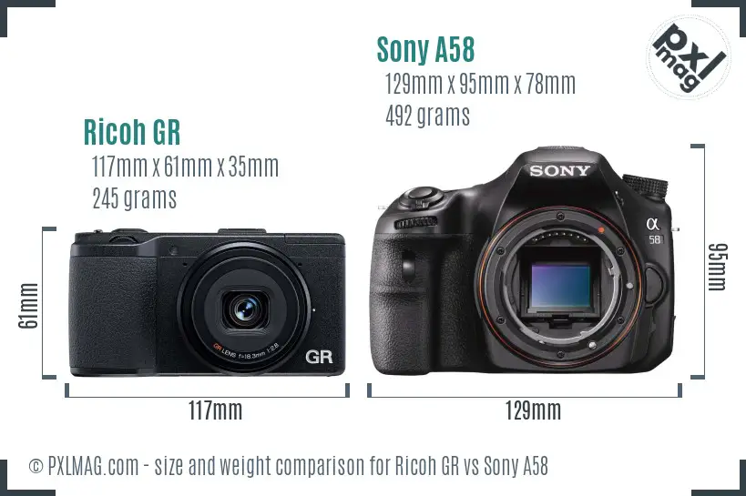 Ricoh GR vs Sony A58 size comparison