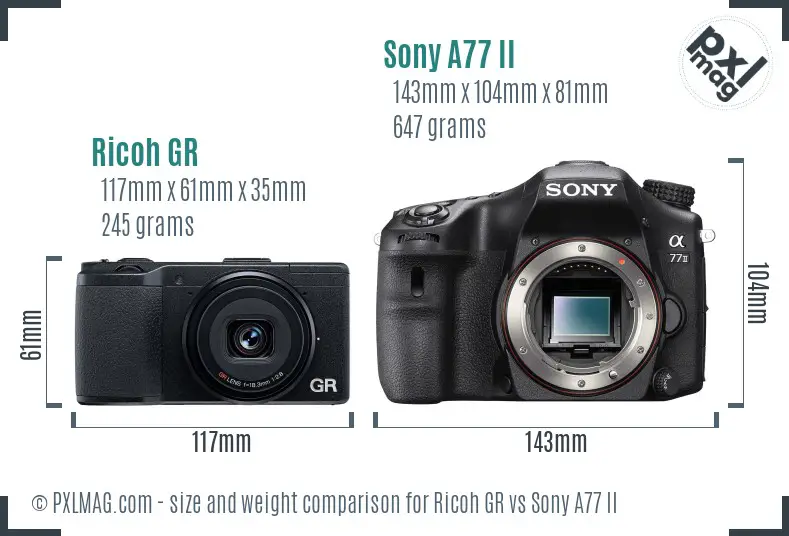 Ricoh GR vs Sony A77 II size comparison