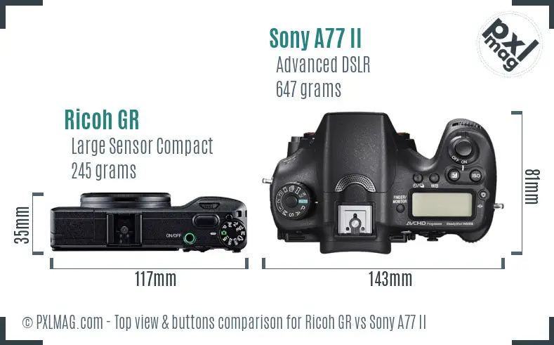 Ricoh GR vs Sony A77 II top view buttons comparison