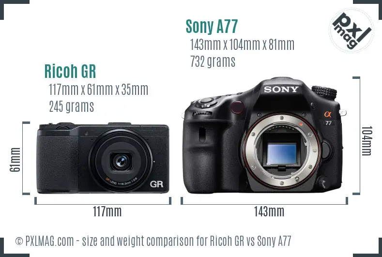 Ricoh GR vs Sony A77 size comparison