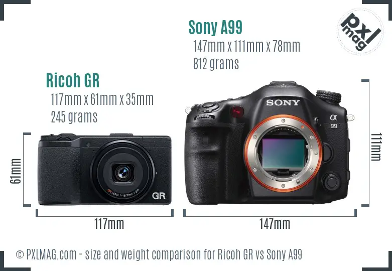 Ricoh GR vs Sony A99 size comparison