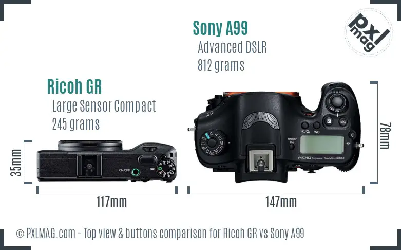 Ricoh GR vs Sony A99 top view buttons comparison