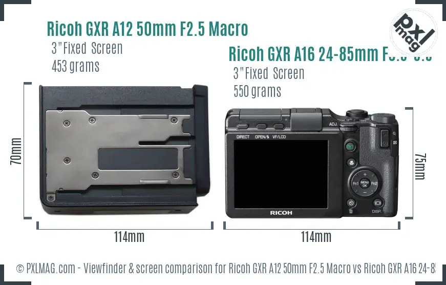 Ricoh GXR A12 50mm F2.5 Macro vs Ricoh GXR A16 24-85mm F3.5-5.5 Screen and Viewfinder comparison