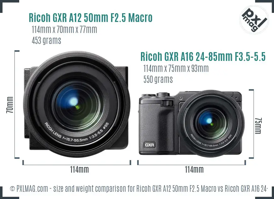 Ricoh GXR A12 50mm F2.5 Macro vs Ricoh GXR A16 24-85mm F3.5-5.5 size comparison