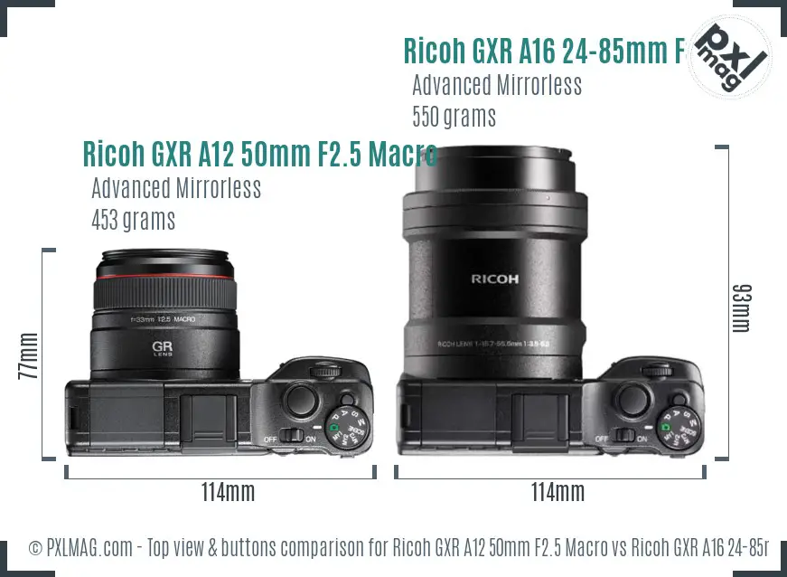 Ricoh GXR A12 50mm F2.5 Macro vs Ricoh GXR A16 24-85mm F3.5-5.5 top view buttons comparison