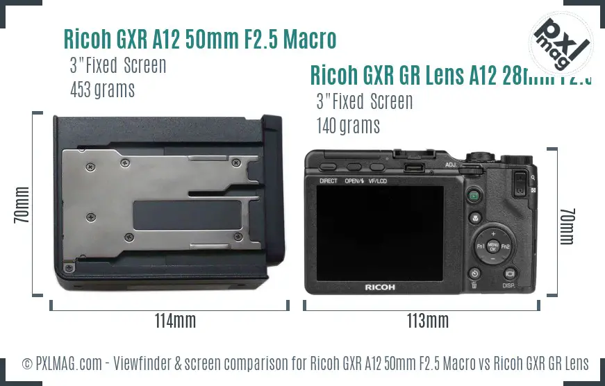 Ricoh GXR A12 50mm F2.5 Macro vs Ricoh GXR GR Lens A12 28mm F2.5 Screen and Viewfinder comparison