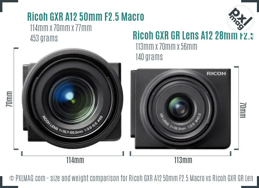 Ricoh GXR A12 50mm F2.5 Macro vs Ricoh GXR GR Lens A12 28mm F2.5 size comparison