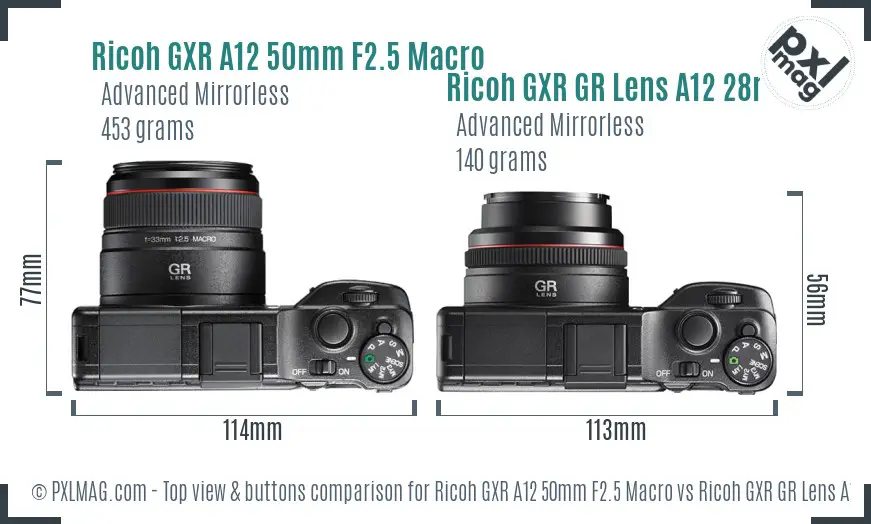 Ricoh GXR A12 50mm F2.5 Macro vs Ricoh GXR GR Lens A12 28mm F2.5 top view buttons comparison