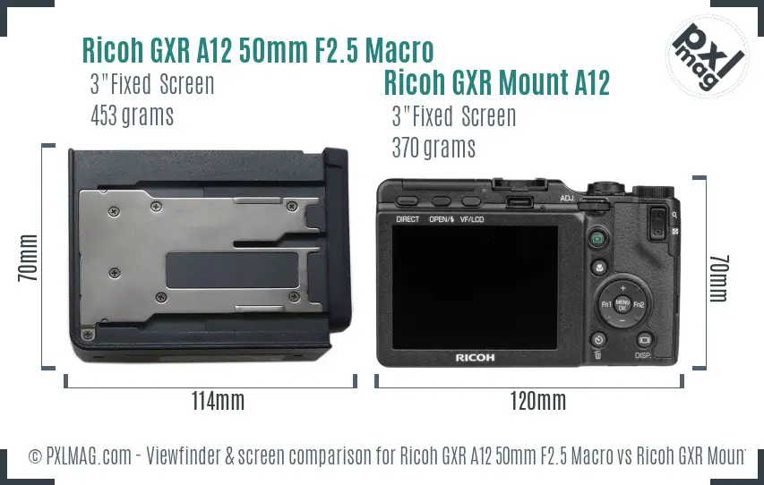 Ricoh GXR A12 50mm F2.5 Macro vs Ricoh GXR Mount A12 Screen and Viewfinder comparison