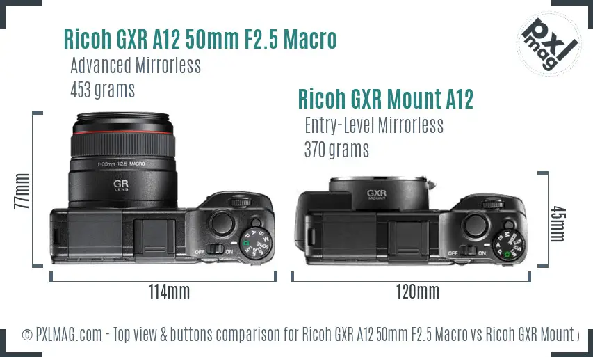 Ricoh GXR A12 50mm F2.5 Macro vs Ricoh GXR Mount A12 top view buttons comparison