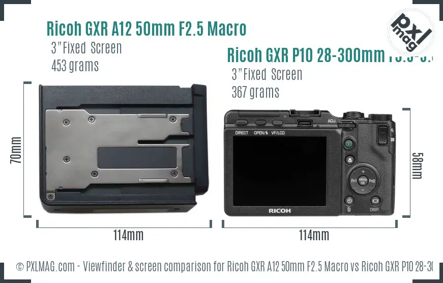 Ricoh GXR A12 50mm F2.5 Macro vs Ricoh GXR P10 28-300mm F3.5-5.6 VC Screen and Viewfinder comparison