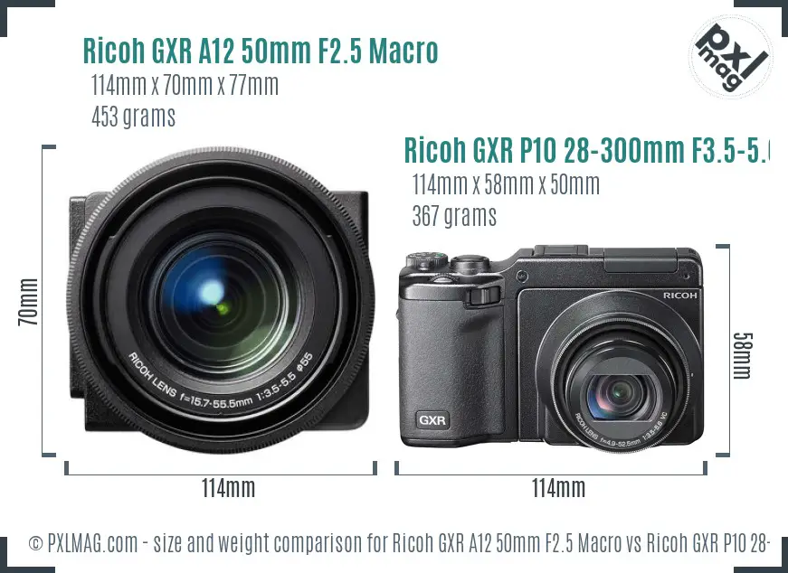 Ricoh GXR A12 50mm F2.5 Macro vs Ricoh GXR P10 28-300mm F3.5-5.6 VC size comparison