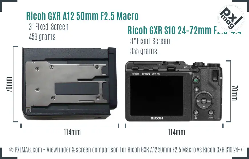 Ricoh GXR A12 50mm F2.5 Macro vs Ricoh GXR S10 24-72mm F2.5-4.4 VC Screen and Viewfinder comparison
