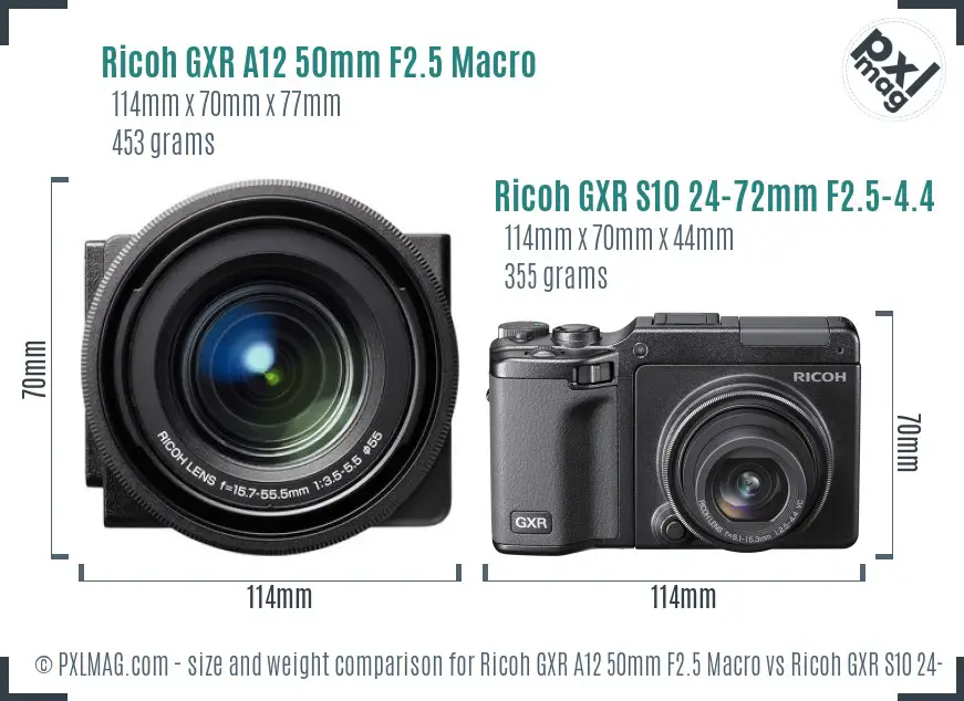 Ricoh GXR A12 50mm F2.5 Macro vs Ricoh GXR S10 24-72mm F2.5-4.4 VC size comparison