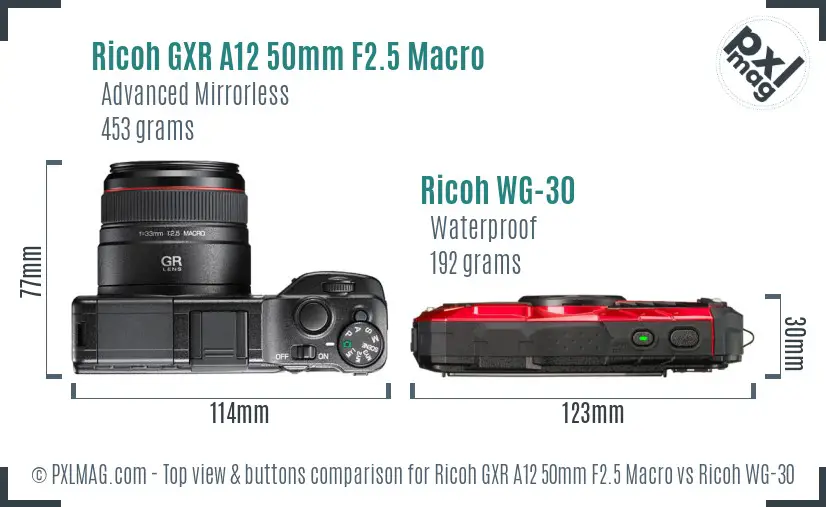 Ricoh GXR A12 50mm F2.5 Macro vs Ricoh WG-30 top view buttons comparison