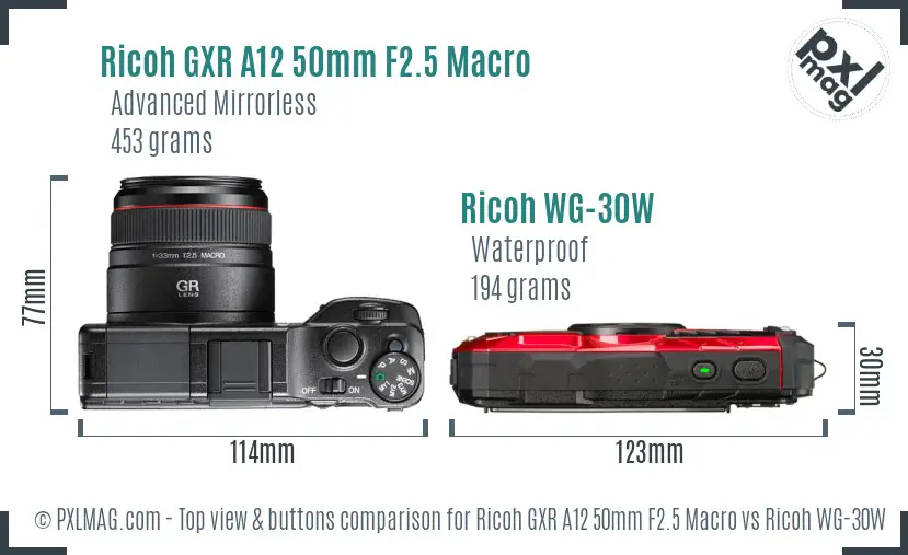 Ricoh GXR A12 50mm F2.5 Macro vs Ricoh WG-30W top view buttons comparison